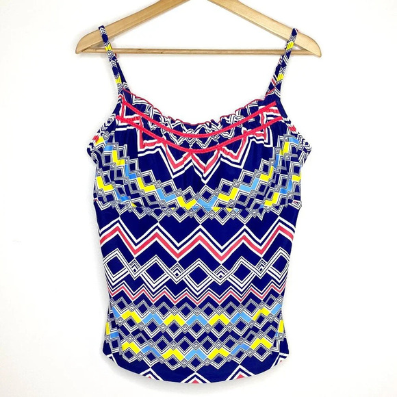 NWT South Point Swim Tank Top 16 Navy Blue Yellow Coral Geometric Tankini Plus - Picture 1 of 11